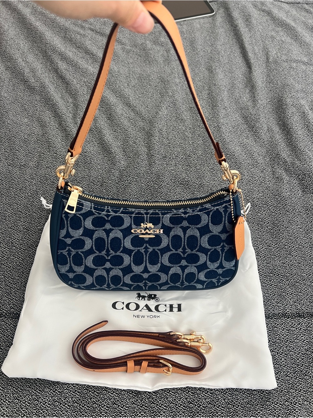 Coach Navy Denim Signature Mini Shoulder Bag with Tan Accents